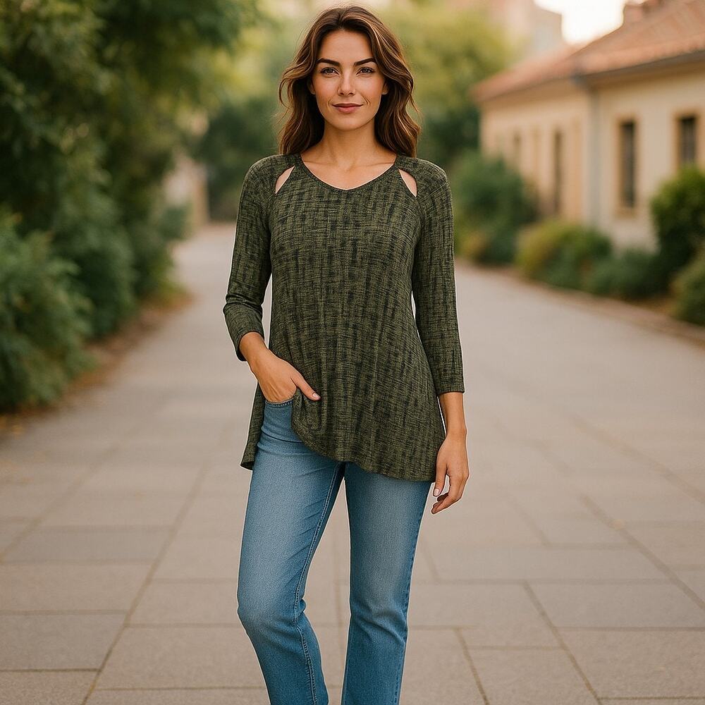 Soma‎ Women's Top Long Sleeve Army Green Black Tunic Stretchy Knit M